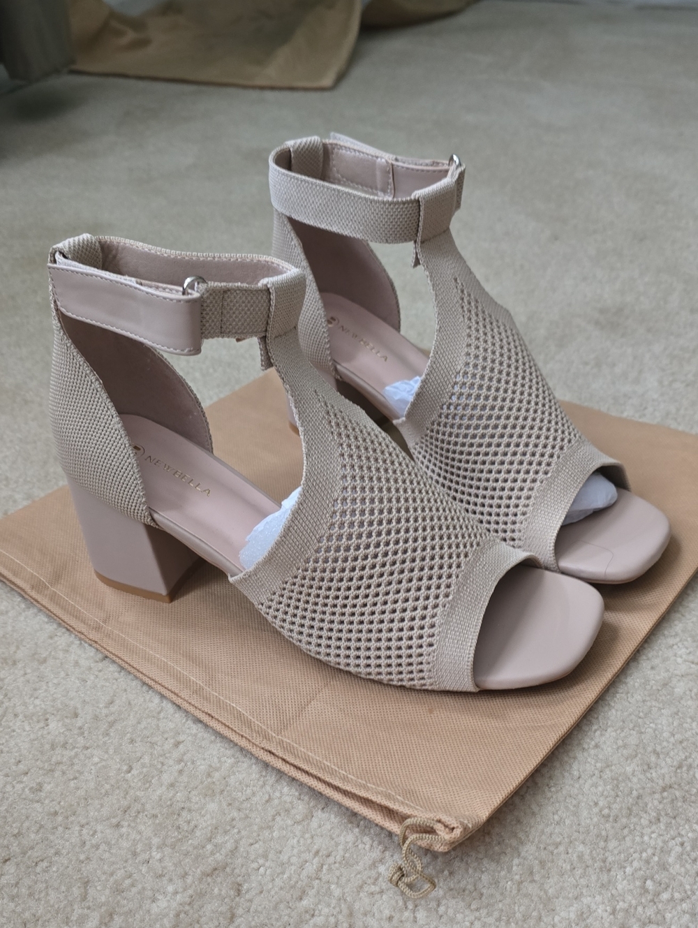Anette Open-Knit Block Heel Sandals - Neutral Beige